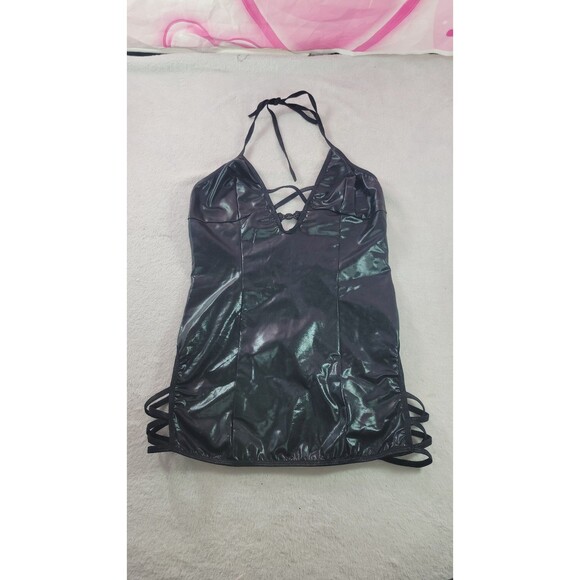 Exposed by Magic Silk Goth Black Faux Pleather Wet Look Mini Dress Lingerie S/M - Picture 1 of 9